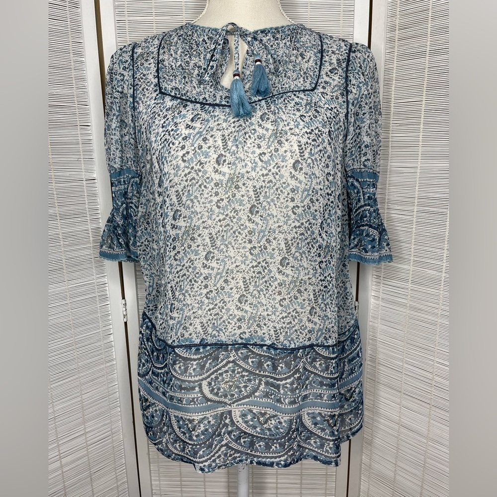 Sea New York Blue Floral Tassel Tie Blouse Ruffle Sleeve Scallop Hem Size 0
